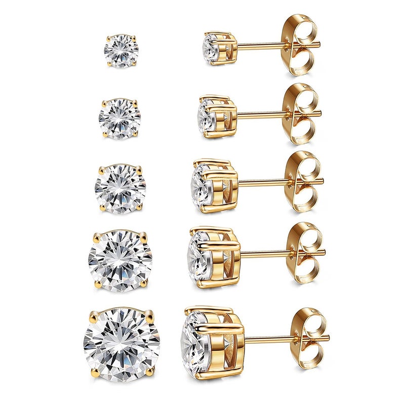 Kainier Women 's 5 Pairs 14K Gold Plated CZ Stud Earrings Simulated Diamond Round Cubic Zirconia Hypoallergenic Ear Stud Set(5 Pairs) - Image 1